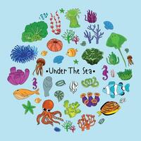 Bright and colorful illustration of various marine creatures. vector