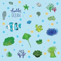 Bright and colorful illustration of various marine creatures. vector