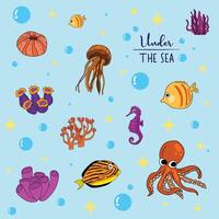 Bright and colorful illustration of various marine creatures. vector