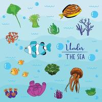 Bright and colorful illustration of various marine creatures. vector