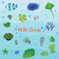 Bright and colorful illustration of various marine creatures. vector