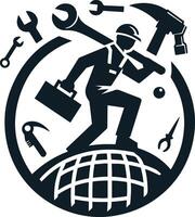 a man with tools on the globe vector