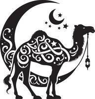 a black and white silhouette of a camel with a star and moon vector
