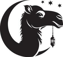 a black and white silhouette of a camel with a star and moon vector