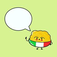 Plate of Spaghetti with speech bubble. Hand drawn cartoon kawaii character illustration icon. Isolated on green background. Spaghetti character concept vector