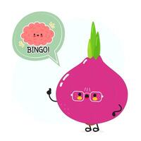 Onion with speech bubble and brain character. hand drawn cartoon kawaii character illustration. Isolated white background. Onion poster and brain vector