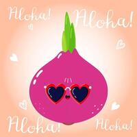 Cute funny Onion character. hand drawn cartoon kawaii character illustration icon. Isolated on pink background. Onion character concept. Aloha card vector