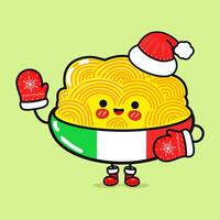 Smiling happy Plate of Spaghetti and christmas. Flat cartoon character illustration icon design. Isolated on green background vector