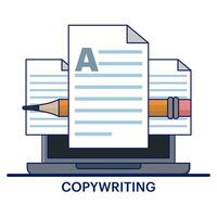 Copy writing concept, text file editing, flat document icon, Writing online text content on laptop computer or creating essay documents or books on pc, copying documents for graphic and web design. vector