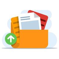 concept of Uploading office files in flat style. Uploading office document icon. File upload tasks for business and presentations, Documents from computer folders, business archives. Job files. vector