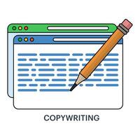 Copy writing concept, text file editing, flat document icon, Writing online text content on laptop computer or creating essay documents or books on pc, copying documents for graphic and web design. vector