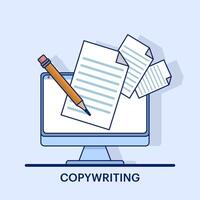 Copy writing concept, text file editing, flat document icon, Writing online text content on laptop computer or creating essay documents or books on pc, copying documents for graphic and web design. vector