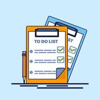 Concept of To-do list, reminder, Clipboard with checklist on a white sheet of paper. A list of questions. Documents on the table. target, tick mark, management, timeline, business planner. vector