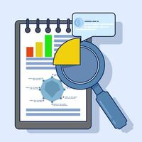 Tax research Audit concept or list of paper pages through magnifying glass flat cartoon, tax payment. Analysis of data, documents, financial research reports and calculations. Debt payments. vector