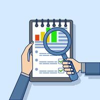 Tax research Audit concept or list of paper pages through magnifying glass flat cartoon, tax payment. Analysis of data, documents, financial research reports and calculations. Debt payments. vector