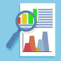 Tax research Audit concept or list of paper pages through magnifying glass flat cartoon, tax payment. Analysis of data, documents, financial research reports and calculations. Debt payments. vector
