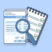 Tax research Audit concept or list of paper pages through magnifying glass flat cartoon, tax payment. Analysis of data, documents, financial research reports and calculations. Debt payments. vector