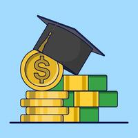 Concept of education costs, tuition fees or scholarships, education cost allocation, money for university or graduation, college diploma, dollar coin with graduation cap and mortarboard certificate. vector