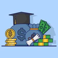 Concept of education costs, tuition fees or scholarships, education cost allocation, money for university or graduation, college diploma, dollar coin with graduation cap and mortarboard certificate. vector
