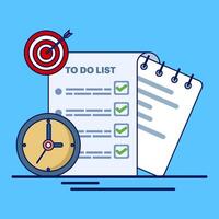 Concept of To-do list, reminder, Clipboard with checklist on a white sheet of paper. A list of questions. Documents on the table. target, tick mark, management, timeline, business planner. vector