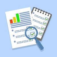 Tax research Audit concept or list of paper pages through magnifying glass flat cartoon, tax payment. Analysis of data, documents, financial research reports and calculations. Debt payments. vector