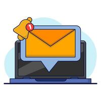 Cartoon notification message concept on laptop. Announcement. Ring the bell as a pop up reminder. Get chat message notifications on your smartphone or laptop. flat cartoon illustration design. vector