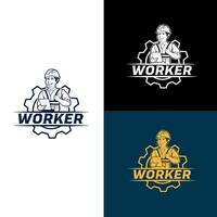 Smiling construction worker logo design holding a clipboard and giving a thumbs up vector