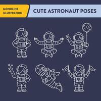 Cute Astronaut in Outer Space Poses Monoline Illustration vector