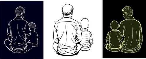 Silhouette illustrations of a father and son sitting together from the back view. Different styles on black, white, and dark backgrounds. Perfect for Father's Day themes vector