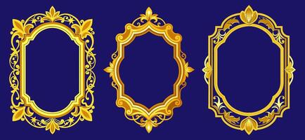 Elegant set of three ornate golden frames with intricate designs on a dark blue background. Perfect for invitations, certificates, and decorative purposes vector