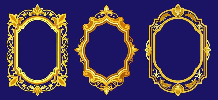 Elegant set of three ornate golden frames with intricate designs on a dark blue background. Perfect for invitations, certificates, and decorative purposes