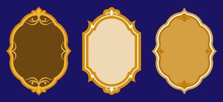 Elegant set of three ornate golden frames with intricate designs on a dark blue background. Perfect for invitations, certificates, and decorative purposes vector