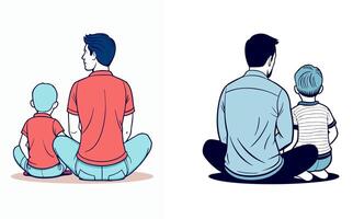 Silhouette illustrations of a father and son sitting together from the back view. Different styles on black, white, and dark backgrounds. Perfect for Father's Day themes vector