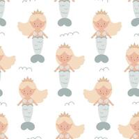 Seamless pattern with cute mermaid. Sea character. For for kids design, fabric, wrapping, cards, textile, wallpaper, apparel. Isolated cartoon illustration in flat style on white background. vector