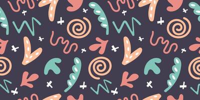 Colourful seamless doodle pattern with simple shapes. Hand drawn minimalist style on dark background. vector