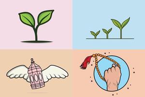 Set of Leaves, Ramadan lamp with hand illustration. Religious day concept. vector