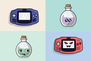 Set of cute and angry gaming console Device illustrations. Gaming Mascot and technology gaming objects icon concept. Halloween potion icon. Halloween drink design. vector