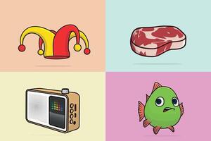 Set of Meat with Radio, fish, and jocker hat illustration. vector