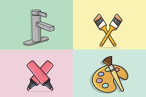 Set of Paint Art Elements illustration. Painting working tool equipment icon concept. Collection of Paint Brush and Highlighter Pen with pipe design. vector