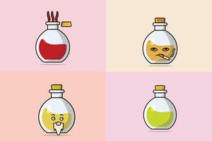 Collection of Potion Bottles with Cartoon Face illustration. Science object icon concept. Halloween potion icon. Halloween drink design. Cartoon character drink bottles design. vector