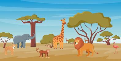 Horizontal African landscape with tropical animals, trees in warm colors. Savannah view with leopard, giraffe, elephant, lion, monkey. Exotic safari background for posters, banners. . vector