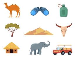 Africa and Safari tourist equipment elements and icons. Binocular, water flask, hut, camel, dunes, safari jeep, elephant. . vector