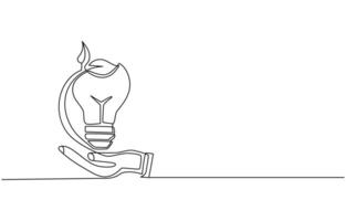Plant inside Lightbulb in one line drawing. Creative concept of Green energy and environmental vector