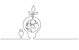 Plant inside Lightbulb in one line drawing. Creative concept of Green energy and environmental vector