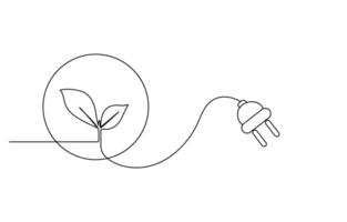Plant inside Lightbulb in one line drawing. Creative concept of Green energy and environmental vector
