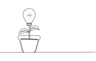 Plant inside Lightbulb in one line drawing. Creative concept of Green energy and environmental vector