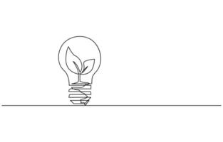 Plant inside Lightbulb in one line drawing. Creative concept of Green energy and environmental vector