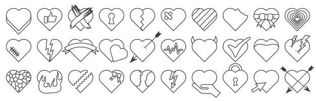 Thin line of hearts. Creative romantic symbols of different shapes isolated on white background. vector