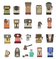 Coffee machines. Different types of coffee machines. Colored icons of coffee machines with strokes. The concept of materials for printing. vector
