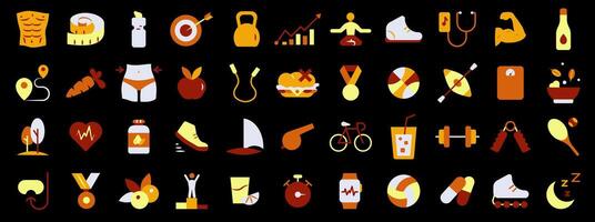 Bright icons of the basis of health. Sports and physical exercises. Healthy Lifestyle. vector